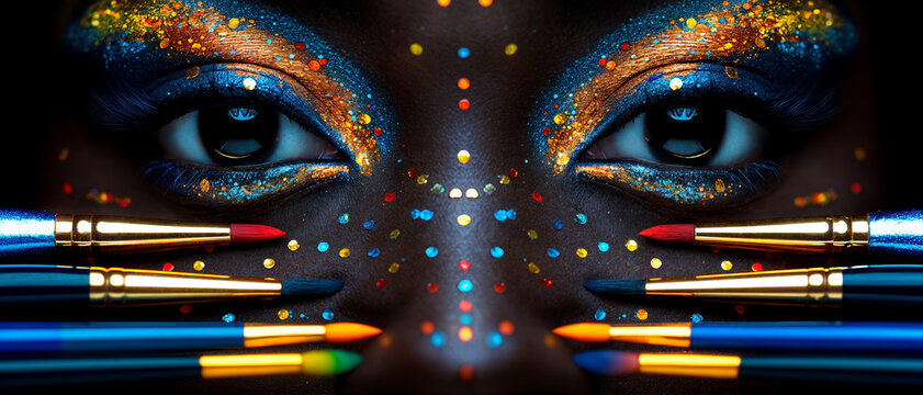 closeup of the eyes of a dark skinned woman with colorful eyeshadow, beside are paint brushes