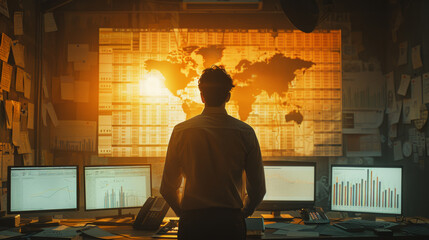 Economist in an office analyzing financial charts displayed on multiple screens with a world map overlay.