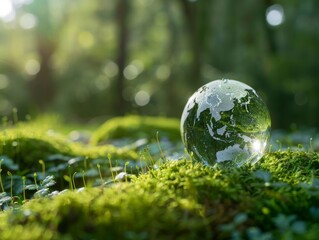 Obraz na płótnie Canvas Crystal globe putting on moss, ecology and environment sustainable concept. World Environment Day.
