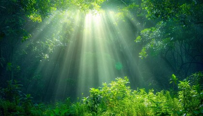 Obraz premium Sunlight filtering through green forest on sunny day, creating picturesque natural landscape