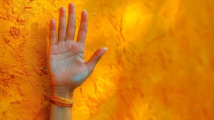 Hand against vibrant orange textured background