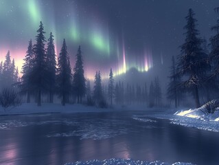 A beautiful night sky with aurora borealis and a peaceful river. The trees are bare and the sky is dark - obrazy, fototapety, plakaty
