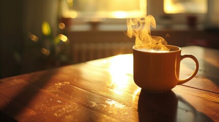 hot coffee in mug on the table in morning - obrazy, fototapety, plakaty
