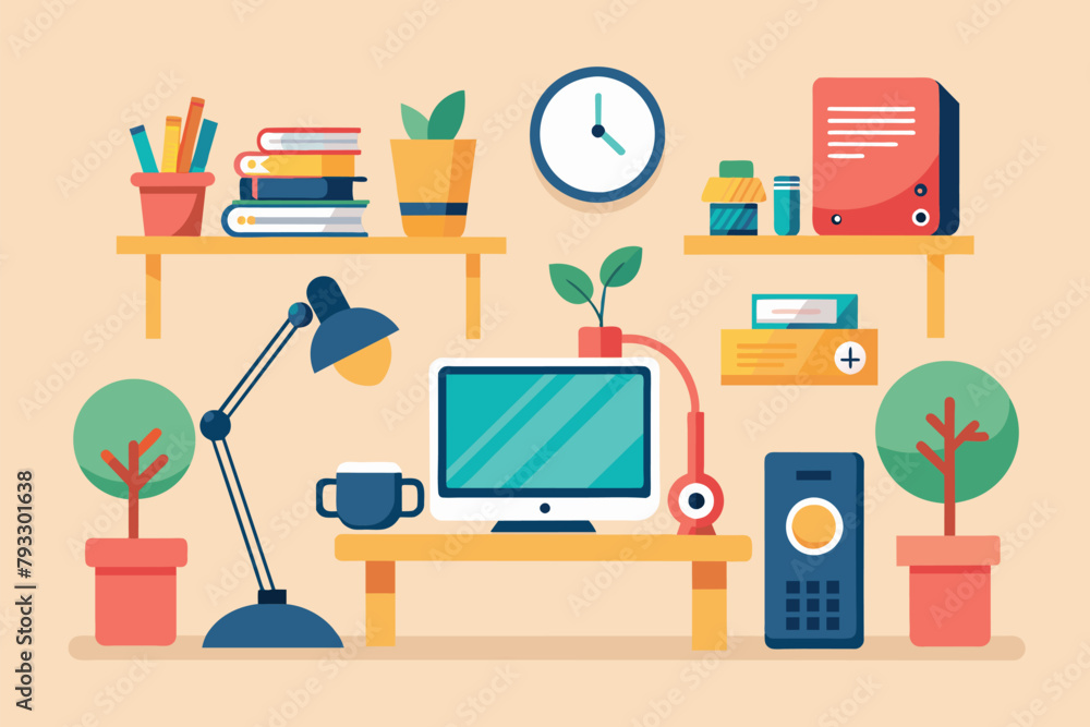 Poster a desktop computer is placed on top of a wooden desk in a simple and minimalist setup, study with ga