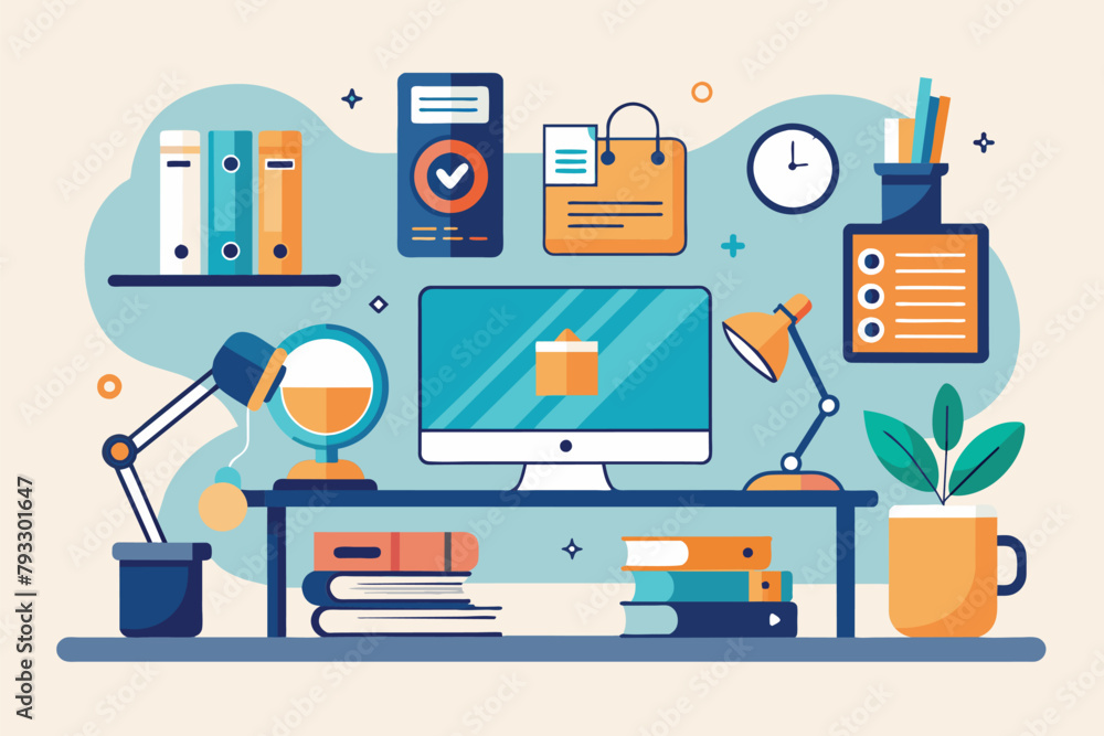 Poster a desktop computer placed on a desk in a simple and minimalist setting, study with gadgets trending,