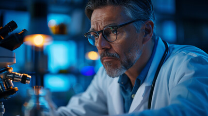 Fototapeta premium Focused endocrinologist in lab coat examining samples under a microscope in a dimly lit laboratory.