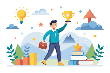 A man triumphantly holds a trophy in his hand, Success and independent learning, Simple and minimalist flat Vector Illustration