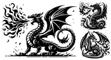 dangerous dragon, black vector silhouette shape, monochrome illustration for laser cutting and engraving, isolatet contour svg sketch design clipart, transparent background
