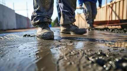 Masons expertly wield trowels to level freshly poured concrete while deftly spreading it with their hands These skilled concreting workers meticulously level the liquid concrete on steel re