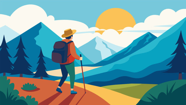 A person hiking in the mountains with a backpack full of supplies as they embark on a yearlong sabbatical after retiring early.