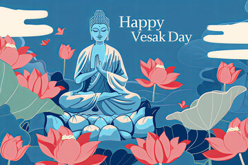 Vesak Day Celebration Banner Featuring Buddha Statues and Lush Greenery - obrazy, fototapety, plakaty