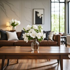 an empty dark wood table adorned with fresh flowers, accentuating the beauty of a stunning living room space, while providing ample copy space