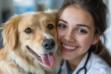 Veterinarian holding a dog in her arms in a veterinary clinic. Veterinary medicine and animal care