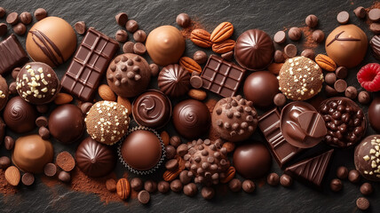Assortment of delicious chocolate candies on black background, top view