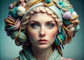 Beautiful woman in a yarn headdress. Yarn advertising. Beauty advertising for a sewing workshop, business card, wallpaper. Background made of colored yarn. Materials for needlework - 793303264