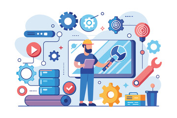A man stands in front of a screen tightly holding a wrench, appearing to be engaged in repair or maintenance work, System repair consulting concept, Simple and minimalist flat Vector Illustration