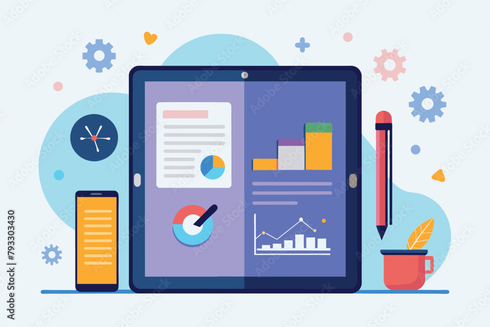 Poster a tablet displaying graphs with a pen beside it for analysis and note-taking, tablet problem analysi