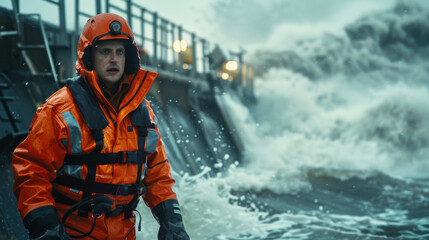 Fototapeta premium A focused engineer in an orange safety suit stands by a flood barrier as turbulent waves crash in the background.