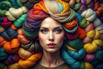 Beautiful woman in a yarn headdress Advertising for a yarn store. Beauty, advertising for a sewing workshop, business card, wallpaper. Bright balls of thread close-up. Materials for needlework - 793303626