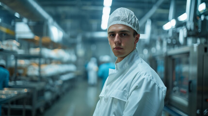 A young engineer in a white lab coat and hairnet stands confidently in a food processing plant.