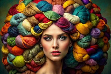 Beautiful woman in a yarn headdress Advertising for a yarn store. Beauty, advertising for a sewing workshop, business card, wallpaper. Bright balls of thread close-up. Materials for needlework - 793303676