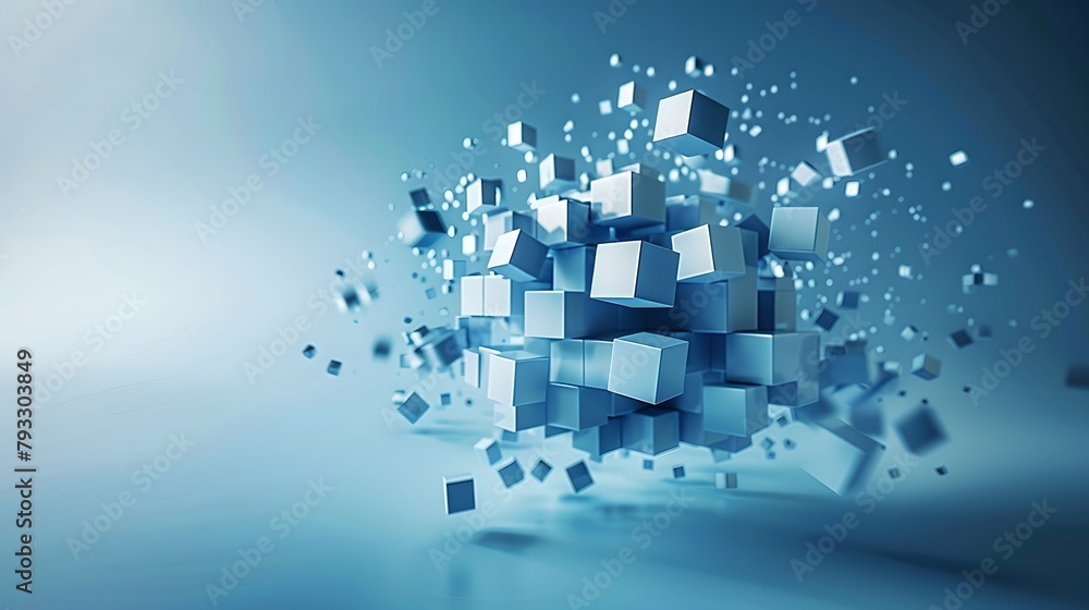Poster abstract 3d cubes floating on a blue background. dynamic digital design. futuristic concept for tech