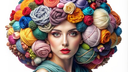 Creative portrait of a woman with knitting supplies for banner, business card and advertising. A girl's headdress made of babin with multi-colored threads. Sewing, knitting production - 793303802