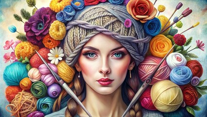 Creative portrait of a woman with knitting supplies for banner, business card and advertising. A girl's headdress made of babin with multi-colored threads. Sewing, knitting production - 793303818