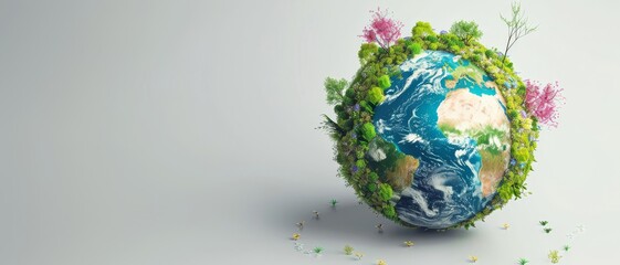 Earth globe covered with green plants and trees, symbolizing ecological balance and care for the environment. World Environment Day.