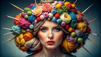 Creative portrait of a woman with knitting supplies for banner, business card and advertising. A girl's headdress made of babin with multi-colored threads. Sewing, knitting production - 793303822