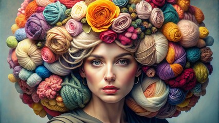 Creative portrait of a woman with knitting supplies for banner, business card and advertising. A girl's headdress made of babin with multi-colored threads. Sewing, knitting production - 793303828