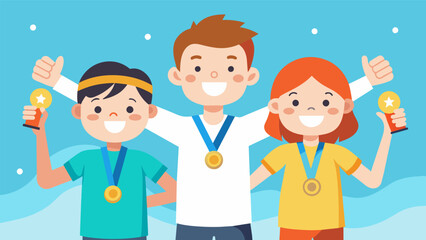 A group of siblings proudly display their medals earned from completing their first bike tour as a family with big smiles and highfives all