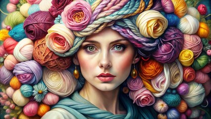 Creative portrait of a woman with knitting supplies for banner, business card and advertising. A girl's headdress made of babin with multi-colored threads. Sewing, knitting production - 793303846