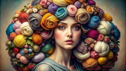 Creative portrait of a woman with knitting supplies for banner, business card and advertising. A girl's headdress made of babin with multi-colored threads. Sewing, knitting production - 793303860