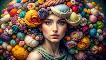Creative portrait of a woman with knitting supplies for banner, business card and advertising. A girl's headdress made of babin with multi-colored threads. Sewing, knitting production - 793303883