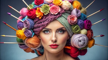 Creative portrait of a woman with knitting supplies for banner, business card and advertising. A girl's headdress made of babin with multi-colored threads. Sewing, knitting production - 793303892
