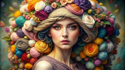 Creative portrait of a woman with knitting supplies for banner, business card and advertising. A girl's headdress made of babin with multi-colored threads. Sewing, knitting production - 793303893