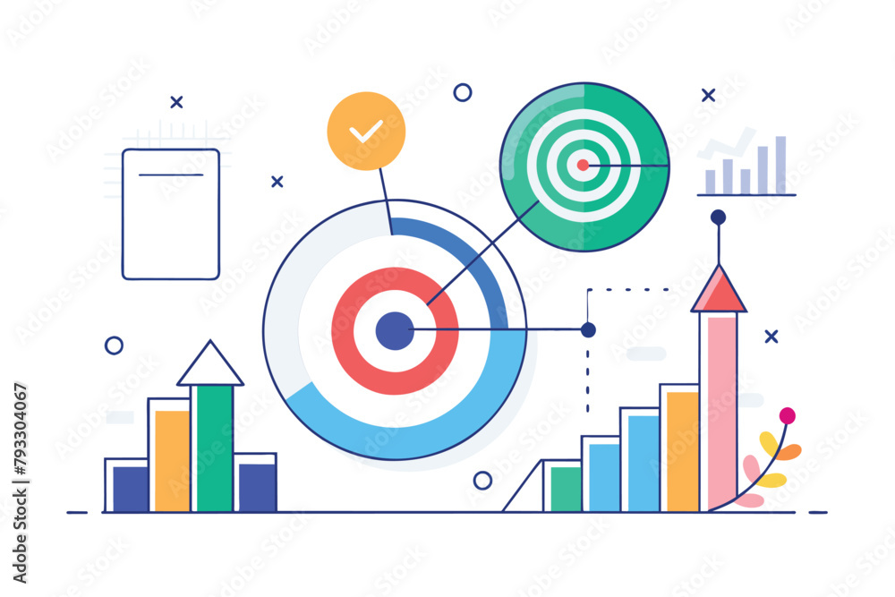 Poster diagram displaying arrows pointing towards a target, target data analysis chart, simple and minimali