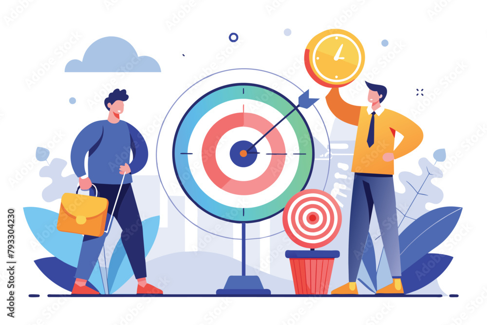Aufkleber three individuals stand in front of a target with a clock, symbolizing workforce management and time