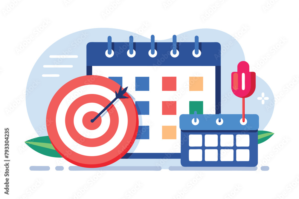 Aufkleber dart hitting a bullseye target placed on a calendar page, target schedule with calendar and clock tr
