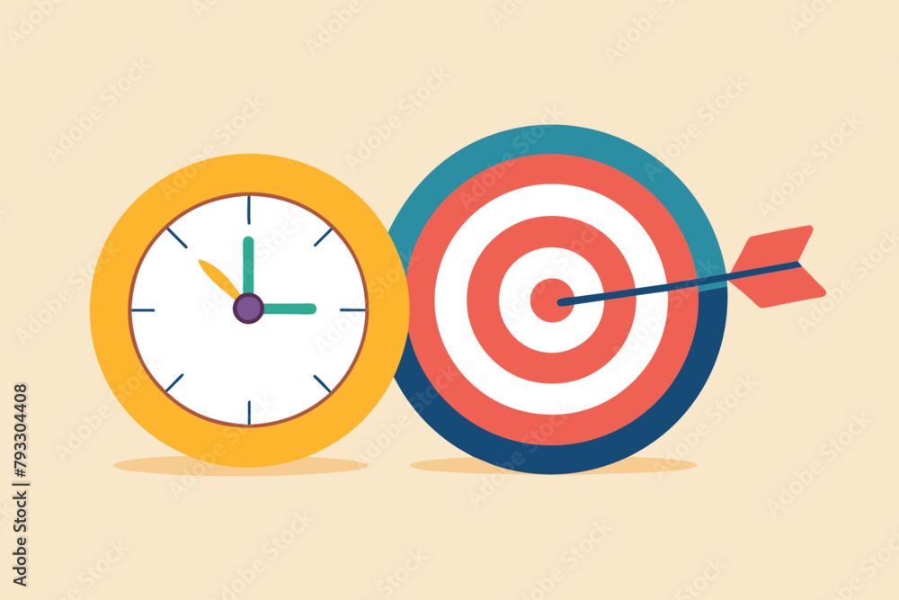 Poster a clock and a dart intersecting with a target, symbolizing precision and timing in goal achievement,