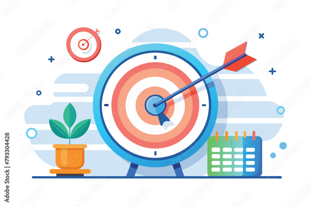 Poster clock displaying time with arrow pointing towards a specific direction in the middle, target schedul