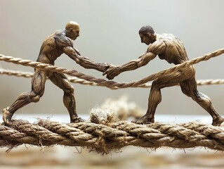 Two men are wrestling on a rope. One of them is wearing a black shirt. The rope is brown and has a lot of dirt on it - obrazy, fototapety, plakaty