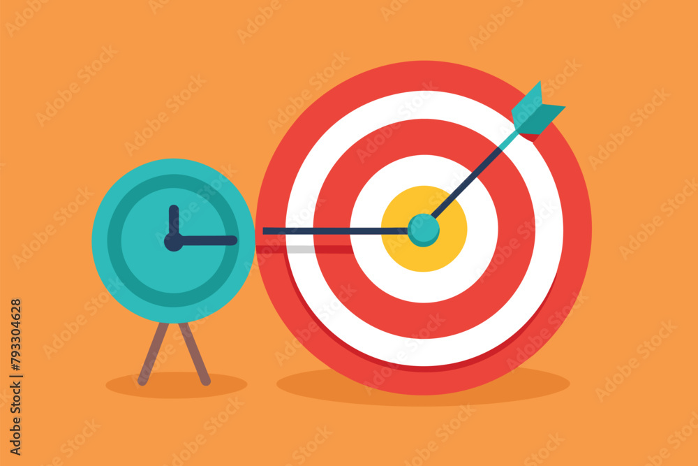 Poster a dart hits the center of a target with precision accuracy, target time, simple and minimalist flat 