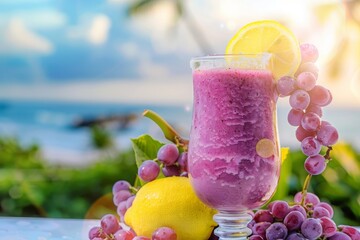 Plantbased violet smoothie with grapes, lemons, and lemon slice on table