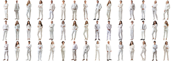 Many business people set isolated background, all white casual attire wear, full body length, networking mixed different diverse businesspeople, happy male female, successful career, crisp edges style