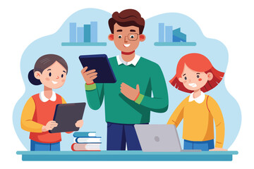 Fototapeta premium A man standing next to two girls while another man holds a tablet, likely in a teaching or learning environment, Teachers use tablets to teach students, Simple and minimalist flat Vector Illustration