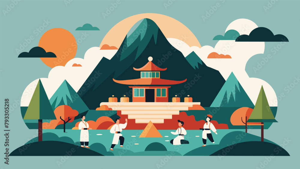 Poster a dojo made entirely of natural elements nestled in the mountains where students learn to connect wi