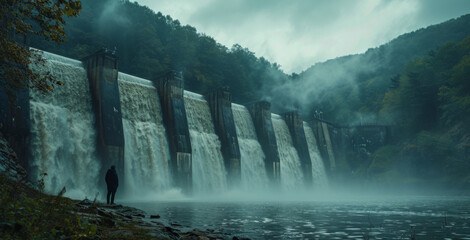 Silhouetted figure stands before a massive hydroelectric dam amidst misty forested landscape.