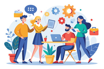 A group of people standing around a table engaged in team collaboration with a laptop, Team collaboration at work, Simple and minimalist flat Vector Illustration